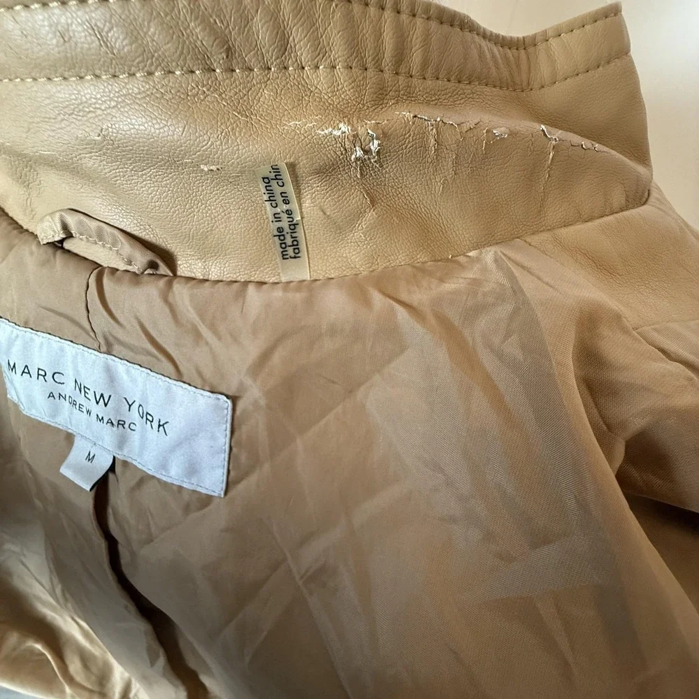 Marc New York Jacket Womens Medium Tan‎ Faux Leather Full Zip Moto Style Pockets
